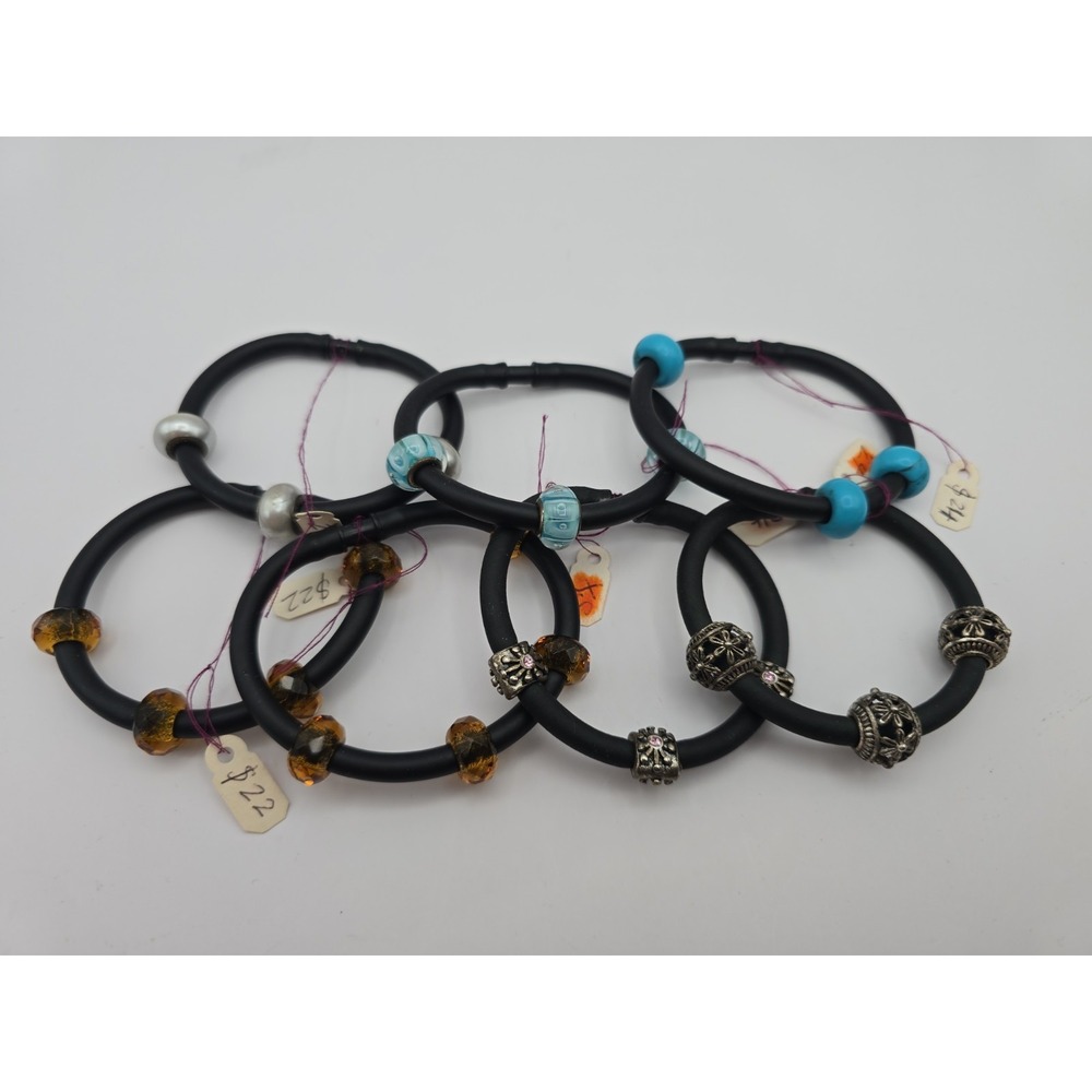 Lot Of 7 XS Black Rubber Bracelets Handmade Beads